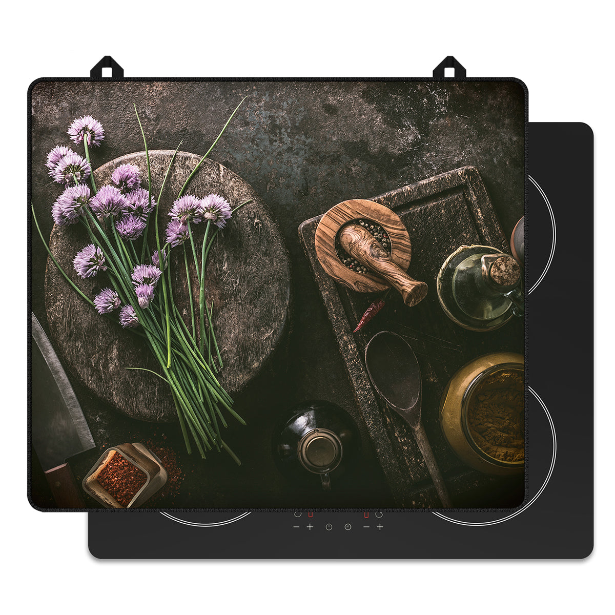 Protector de inducción bodegón de especias para la placa de inducción, vista frontal