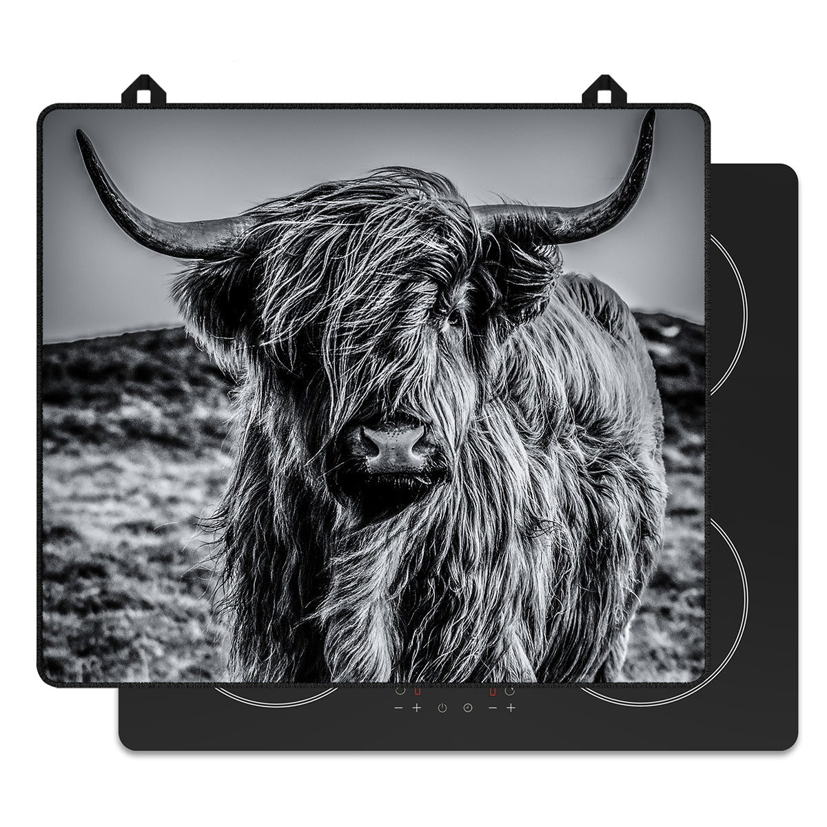 Protector de inducción Highlander escocés blanco y negro para la placa de inducción, vista frontal