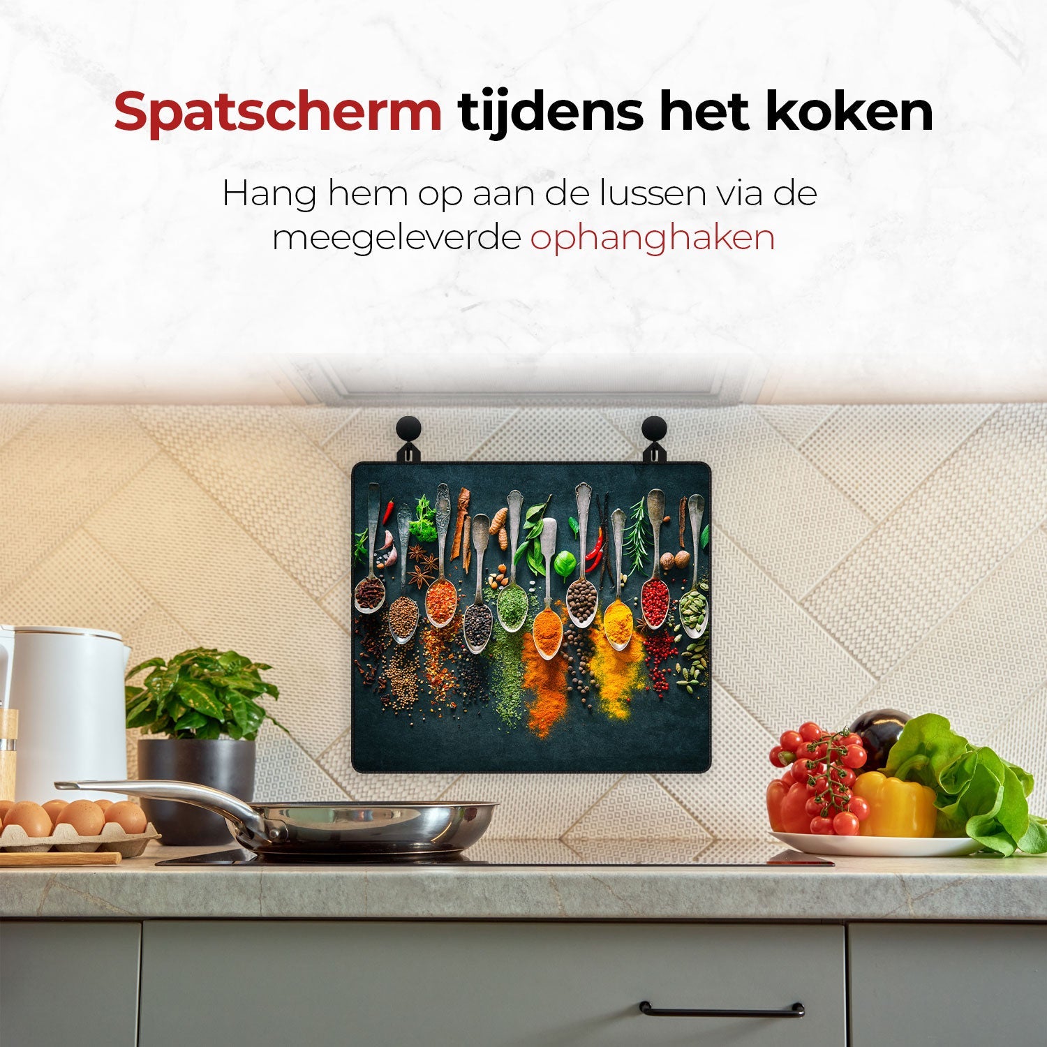 Protector de salpicaduras para cucharas de hierbas y especias en la pared mientras cocinas